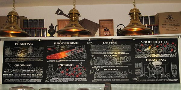 The stages of making Ceylon coffee depicted behind the coffee bar counter