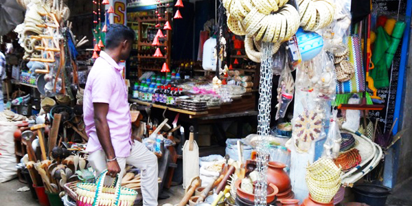 Palmyrah palm basket and kitchen imlements on sale at the Jaffna market
